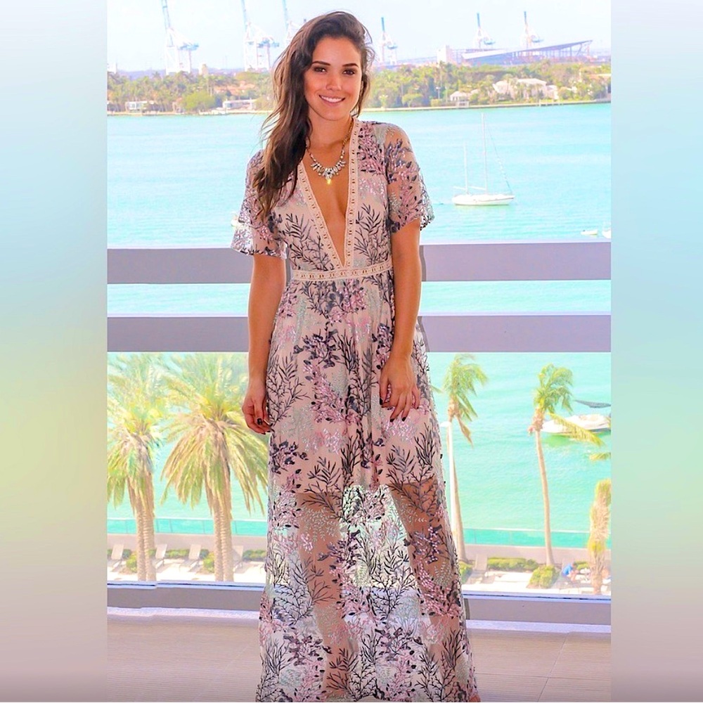 THE clothing Company blush embroidered floral maxi dress womens L NWOT